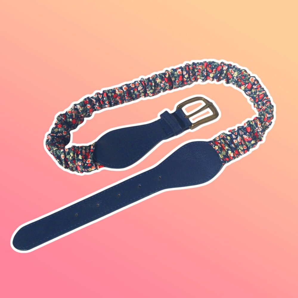FLORAL navy leather elastic belt